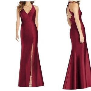 Alfred Sung NWT V-Neck Halter Satin Trumpet Burgundy Gown Size 2 MSRP $244